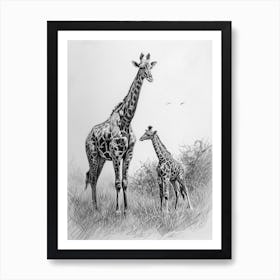 Giraffe & Calf Pencil Portrait  1 Art Print