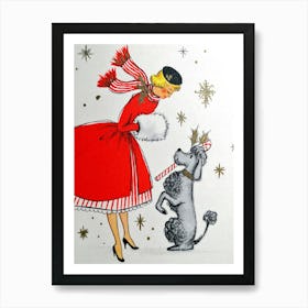 Woman In Red Holiday Dress And A Sweet Dog Art Print