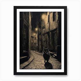Black Cat At Night In Medieval Cobbled Street Art Print
