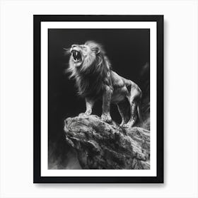 Barbary Lion Charcoal Drawing Roaring On A Cliff 4 Art Print