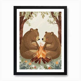 Brown Bear Two Bears Sitting Together By A Campfire Storybook Illustration 2 Art Print