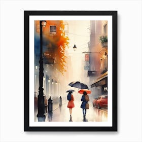 Two Women Walking In The Rain Art Print