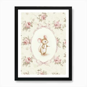 Little Baby Mouse in a Whimsical Frame with Bows and Flowers. Vintage Illustration, Kids Room Art Print