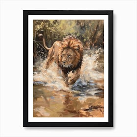 African Lion Crossing A River Acrylic Painting 4 Art Print