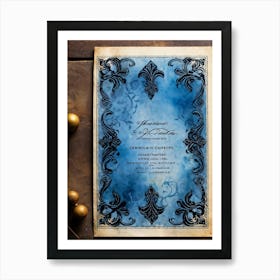 An Intricately Designed Vintage Invitation Template In Watercolor Layers Of Dark Black And Rich Blu (1) Art Print