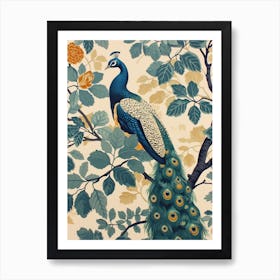 Cream & Blue Leaves Peacock Wallpaper Art Print