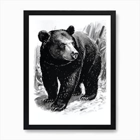 Malayan Sun Bear Standing In A Forests Ink Illustration 2 Art Print
