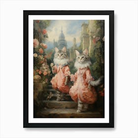 Two Cats In Pink Dresses At A Medieval Courtyard Art Print