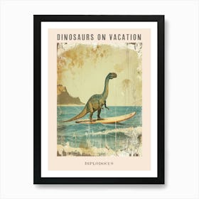 Vintage Diplodocus Dinosaur On A Surf Board 4 Poster Art Print