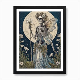 Skeleton Fairy - Gothic Line Art of Spring Skellie Woman Witch Fae Pagan Ostara Imbolc Full Moon Spooky Creepy Beautiful Midnight Stars Goth Feature Wall Occult Macabre HD Art Print