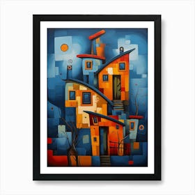 Fairytale House at Night 2, Abstract Vibrant Colorful Cubism Style Art Print