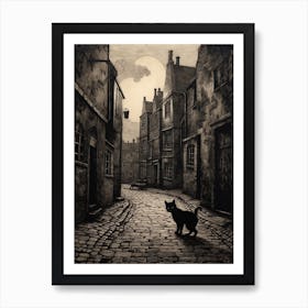 Black Cat At Night On Cobbled Street In Medieval Town Art Print