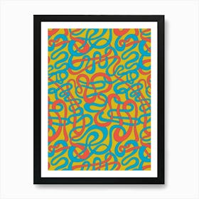 MY STRIPES ARE TANGLED Curvy Organic Abstract Squiggle Shapes in Retro Big Top Circus Colours Blue Red Teal on Mustard Yellow Art Print