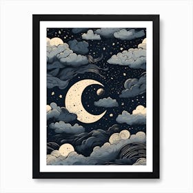 Moon And Clouds, Linocut friendly, minimalistic, night sky with crescent moon, celestial bodies, simplified, nordic, scandinavian style, muted colors, rolling clouds, viking symbols Art Print