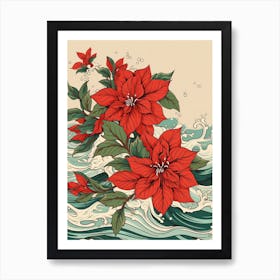 Great Wave With Poinsettia Flower Drawing In The Style Of Ukiyo E 3 Art Print