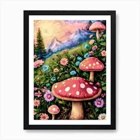 Mushrooms In The Meadow ~ Hippie Red Toadstools Flower Power Art Print By Free Spirits and Hippies Official Wall Decor Artwork Hippy Bohemian Meditation Room Typography Groovy Trippy Psychedelic Boho Yoga Chick Gift For Her Art Print