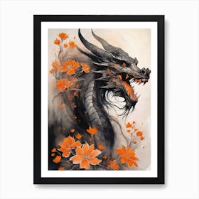 Japanese Dragon Abstract Flowers Painting (6) Art Print