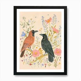 Folksy Floral Animal Drawing Raven 5 Art Print