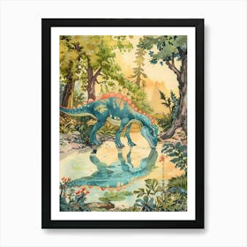Dinosaur Drinking From A Watering Hole Watercolour Illustration 1 Art Print