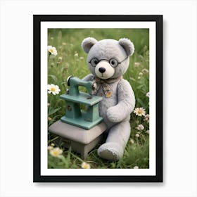 Teddy Bear With Sewing Machine Art Print