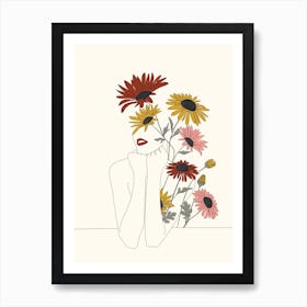 Colorful Thoughts Minimal Line Girl With Sunflowers Art Print