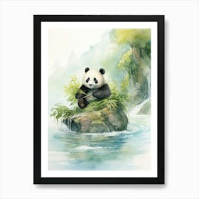 Panda Art Fishing Watercolour 2 Art Print