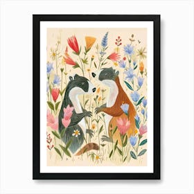 Folksy Floral Animal Drawing Badger 3 Art Print