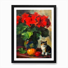 Flower Vase Poinsettia With A Cat 2 Impressionism, Cezanne Style Art Print