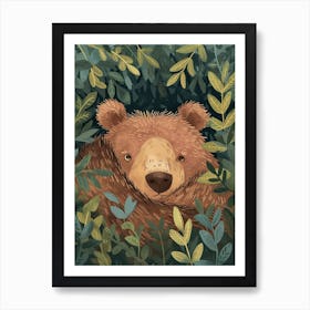 Sloth Bear Hiding In Bushes Storybook Illustration 3 Art Print