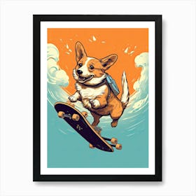 Pembroke Welsh Corgi Dog Skateboarding Illustration 3 Art Print