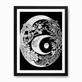 Black And White Abstract Yin and Yang 2 Linocut Art Print