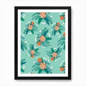 Red and White Poinsettia Flower Clusters with Berries on Aqua Green Art Print