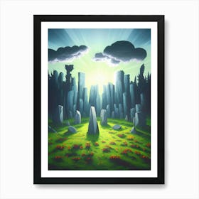 Standing Stones Stonehenge Circle Of Stones Mystical Magical Fantasy Magic Cover Art Storm Mysterious Stone Circle Monuments Historical Dream Landscape Outdoors Flowers Art Print