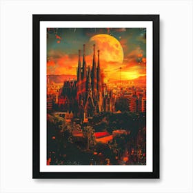 Sagrada Familia, Cityscape Collage Retro Art Print