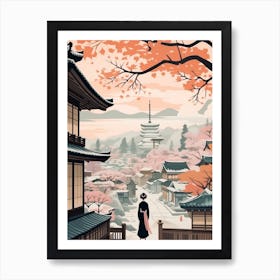 Vintage Winter Travel Illustration Kyoto Japan 3 Art Print