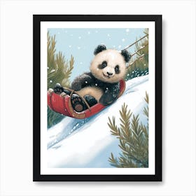 Giant Panda Cub Sledding Down A Snowy Hill Storybook Illustration 2 Art Print