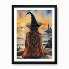 Watercolor Witch Sat by the Shore - Witchy Art Work of the Sun Setting on the West Coast - Pagan Wiccan Fairytale Art for Gallery or Feature Wall - Witches Hat, Burnt Orange By the Sea HD Art Print