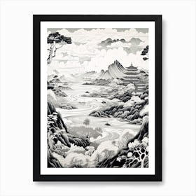 Aogashima Island In Tokyo, Ukiyo E Black And White Line Art Drawing 2 Art Print