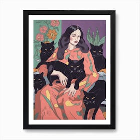 Cat Lady With Black Cats 2 Art Print