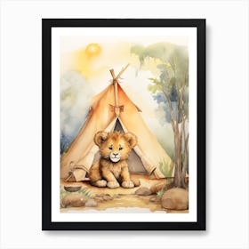 Camping Watercolour Lion Art Painting 2 Art Print