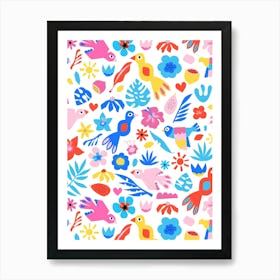 Paper Cut Out Collage Exotic Birds, Fruit, and Flowers - Red Blue Pink Yellow Art Print