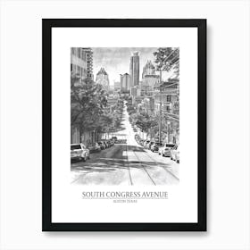 South Congress Avenue Austin Texas Black And White Drawing 2 Poster Art Print