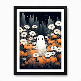 Cute Bedsheet Ghost, Botanical Halloween Watercolour 87 Art Print