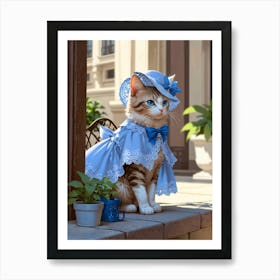 Cat In Blue Dress Art Print