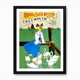 Weymouth, London and Southwestern Railway, Lady With Swans, Great Britain, Vintage Poster Art Print