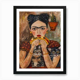Portrait Of A Woman With Cats Eating Tacos 2 Art Print