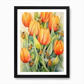 Beehive With Tulips Watercolour Illustration 4 Art Print