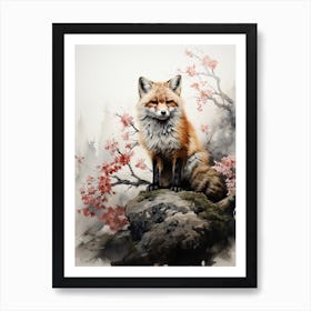 Fox, Japanese Brush Painting, Ukiyo E, Minimal 1 Art Print