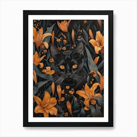 Black Cat In Lilies 4 Art Print