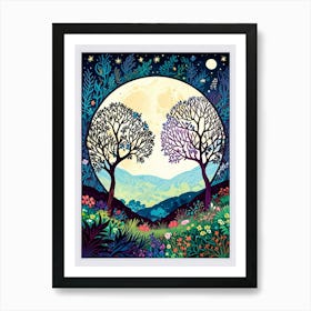 Two Trees At The Moon Art Print